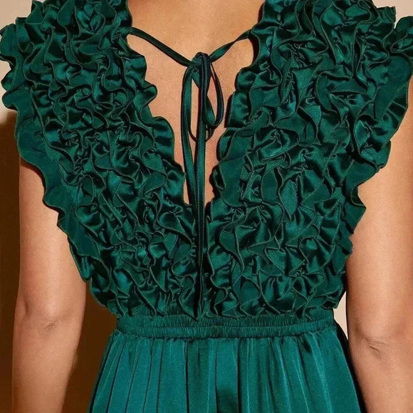 Green Party Women's Plunging Neck Ruffle Wide Leg Jumpsuit - Picture 5 of 6